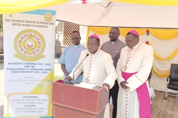 Bishop Stephen Nyodho Ador Majwok of the Catholic Diocese of Malakal, Bishop Alex Lodiong Sakor of Yei Diocese, Bishop Santo Loku Pio and Fr. John Lo’boko Morris during the press conference. Credit: Kerbino Kuel Deng/ACI Africa