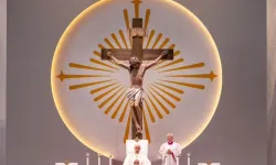 Pope Francis presides beneath a crucifix at Mass at Singapore National Stadium, Thursday, Sept. 12, 2024 / Credit: Daniel Ibáñez/CNA