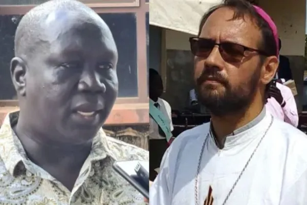 Fr. John Mathiang (left) and Bishop Christian Carlassare (right). Credit: Ginaba Lino/Juba/South Sudanm Catholic Diocese of Rumbek