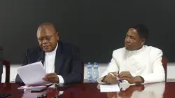 Fridolin Cardinal Ambongo (left) and Fr. Rafael Simbine Junior (right) during the 25 April 2024 press conference. Credit: ACI Africa