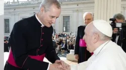 Mons. Séamus Patrick Horgan greets Pope Francis in Rome. Credit: Vatican Media