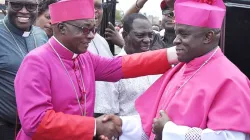 Bishop Anthony Ireri Mukobo welcomes Bishop Peter Munguti Makau to the Catholic Diocese of Isiolo