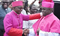 Bishop Anthony Ireri Mukobo welcomes Bishop Peter Munguti Makau to the Catholic Diocese of Isiolo