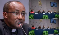 Bishop Edouard Sinayobye of Rwanda’s Catholic Diocese of Cyangugu during the 14 October 2024 press briefing in Rome. Credit: Daniel Ibáñez