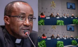 Bishop Edouard Sinayobye of Rwanda’s Catholic Diocese of Cyangugu during the 14 October 2024 press briefing in Rome. Credit: Daniel Ibáñez