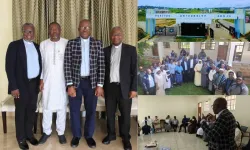 From Right to left: Fr. Joyzy Egunjobi, Director, Nairobi Centre of PSI; Prof. Gabriel Egbe, Dean Faculty of Humanities, Veritas University Abuja, Rev Fr (Prof) Hyacinth Ichoku, VC Veritas University Abuja; and Fr George Ehusani, Executive Director, Lux Terra Leadership Foundation during a visit to PSI campus in Nairobi. Credit: ACI Africa