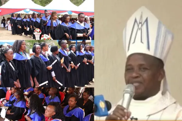 Bishop Joseph Maluki Mwongela during Our Lady of Lourdes Mutomo College of Health Sciences (OLLMCHS) 2nd graduation ceremony and the 60th anniversary of Our Lady of Lourdes Hospital Mutomo (OLLMH). Credit: Capuchin TV/OLLMCHS