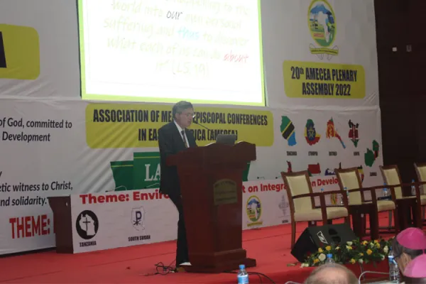 Dr. Paolo Ruffini addressing delegates of the 20th AMECEA Plenary Assembly in Dar es Salaam, Tanzania on 12 July 2022. Credit: ACI Africa