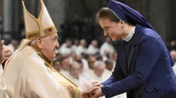 Pope Francis greets a woman religious at a Mass on the World Day of Consecrated Life, the feast of the Presentation of the Lord, on Feb. 2, 2024, in St. Peter's Basilica at the Vatican. / Credit: Vatican Media