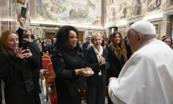 Pope Francis greets artists and participants of the 2024 Vatican Christmas Concert in the Clementine Hall on Dec. 14, 2024. / Vatican Media