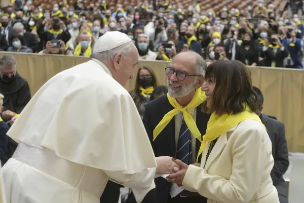 Pope Francis greets a couple during a meeting with members of the Retrouvaille marriage ministry Nov. 6, 2021. Vatican Media