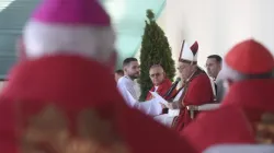 Pope Francis speaking at the Expo center in Nur-Sultan, Kazakhstan, where he celebrated an outdoor Mass on Sept. 14, 2022. Vatican Media