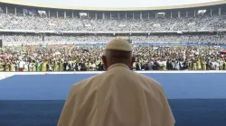 Pope Francis interacted with an energetic crowd of 65,000 young adults and catechists at Martyrs' Stadium in Kinshasa, Democratic Republic of Congo, on Feb. 2, 2023. | Vatican Media