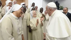 Pope Francis laughs with some religious sisters at his general audience in the Vatican’s Paul VI Hall on Aug. 30, 2023. / Credit: Vatican Media