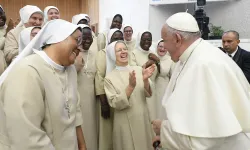 Pope Francis laughs with some religious sisters at his general audience in the Vatican’s Paul VI Hall on Aug. 30, 2023. / Credit: Vatican Media