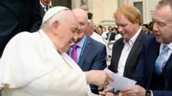 Aidan Gallagher, director of EWTN Ireland, receives a blessing for the film “Faith of Our Fathers” from Pope Francis after the pope’s general audience May 3, 2023. | Credit: Courtesy of EWTN News Nightly