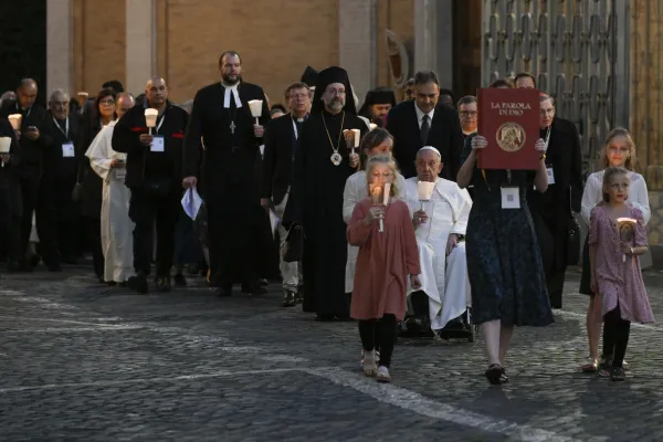 Young people lead a procession in Protomartyrs Square at the Vatican for an ecumenical prayer service on Oct. 11, 2024. / Credit: Vatican Media