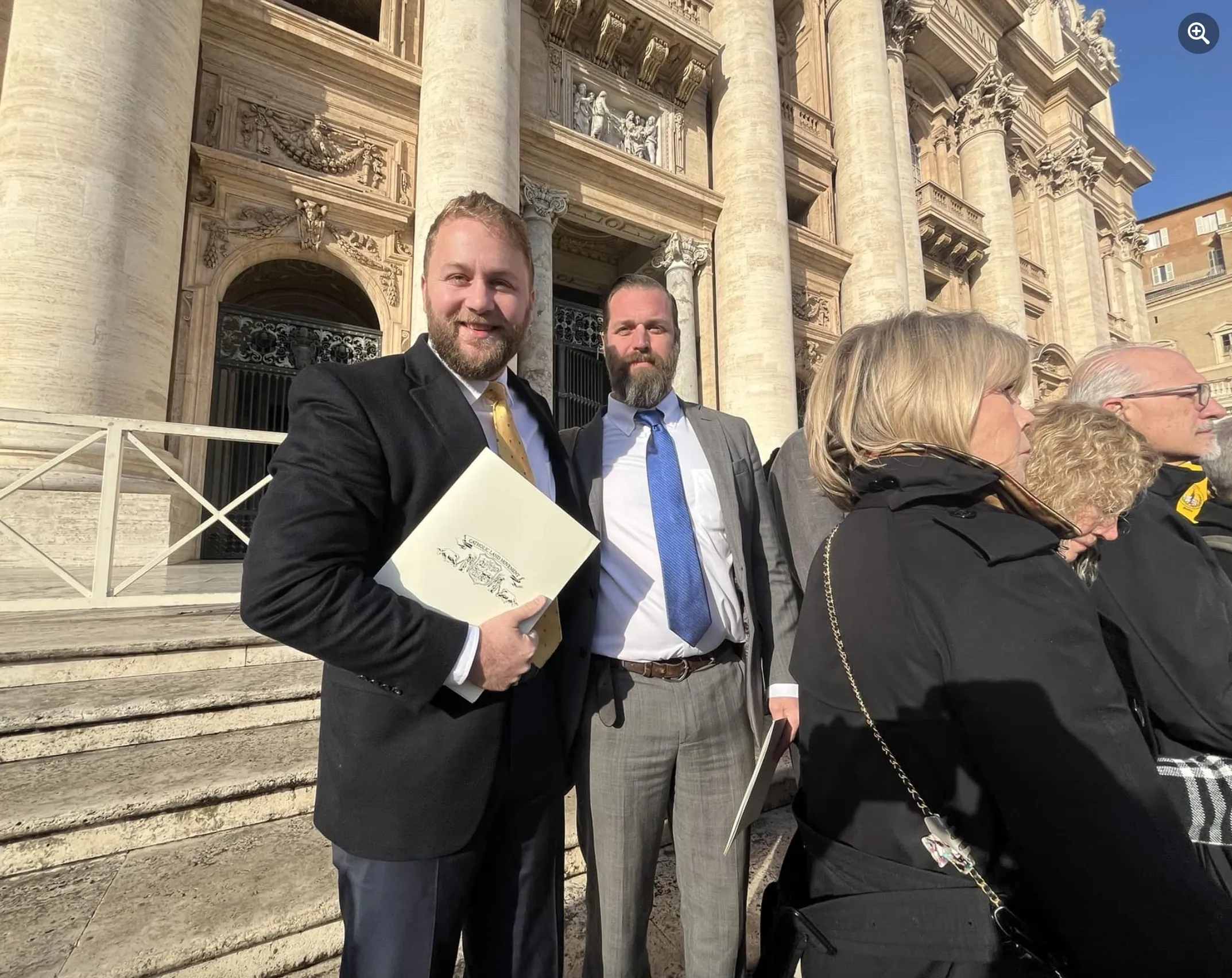 Catholic Land Movement co-founders Andrew Ewell (top left) and Michael Guidice (top right), pictured here on the steps of St. Peter’s Basilica. / Credit: Photo courtesy of Andrew Ewell