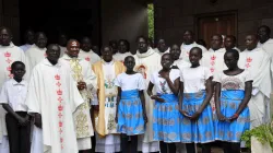 Mons.Thomas Oliha in the company of other priests and altar girls at the end of Holy Mass at the Apostles of Jesus Shrine Catholic Church, Langata, Nairobi, Kenya on October 13, 2019 / ACI Africa