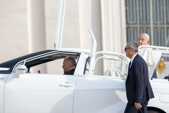 Pope Francis rides in the popemobile as he arrives at the Wednesday general audience in St. Peter’s Square on Sept. 25, 2024.