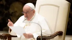 Pope Francis speaks during his weekly general audience on Ash Wednesday Feb. 22, 2023. | Daniel Ibanez/CNA