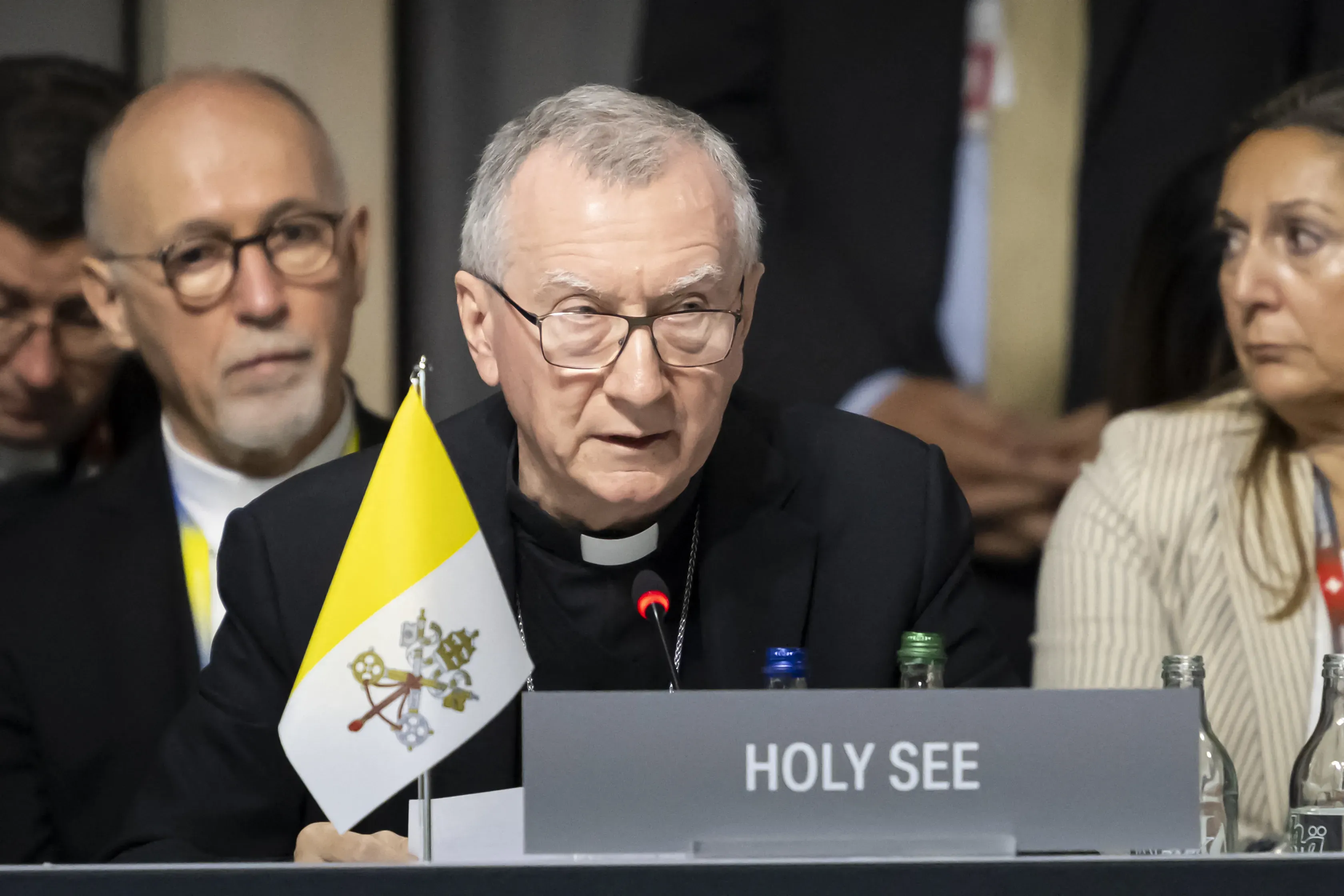 Vatican Secretary of State Cardinal Pietro Parolin attends a plenary session at the Summit on Peace in Ukraine at the Burgenstock resort near Lucerne, Switzerland, on June 16, 2024. / Credit: ALESSANDRO DELLA VALLE/POOL/AFP via Getty Images