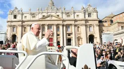 Pope Francis greets the crowd at the end of a Mass for the opening of the 16th Ordinary General Assembly of the Synod of Bishops, Wednesday, Oct. 2, 2024, in St Peter's Square. / Credit: ALBERTO PIZZOLI/AFP via Getty Images