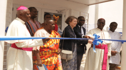 Bishop Emmanuel Fianu, Episcopal Chairman of Health in Ghana (2nd from right) being supported by Tove Dengbol, Danish Ambassador to Ghana, Ibrahim Bakayoko, the Regional Manager, West and Central Africa of Novo Nordisk and Bishop Joseph Afrifah-Agyekum of Koforidua Diocese to cut the tape to commission the St. Pauline Clinic at the National Catholic Secretariat, Accra on February 7, 2020. / Damian Avevor.