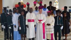 Msgr. Pavol Talapka, Charge d’Affaires, Apostolic Nunciature in Ghana and Archbishop John Bonaventure Kwofie with the 21 Papal Awardees who were conferred on November 30, 2019 at the Our Lady Star of the Sea Cathedral at Takoradi. / Sekondi-Takoradi Communications Office, Ghana