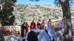 Monsignor Éric de Moulins-Beaufort, president of the French Bishops Conference, presides over the Mass that took place on Sept. 14, 2024, at Maison Abraham (Abraham House) in Jerusalem during the celebrations for the 60th anniversary of its foundation as a pilgrim guest house run by Secours Catholique-Caritas France. / Credit: Latin Patriarchate of Jerusalem