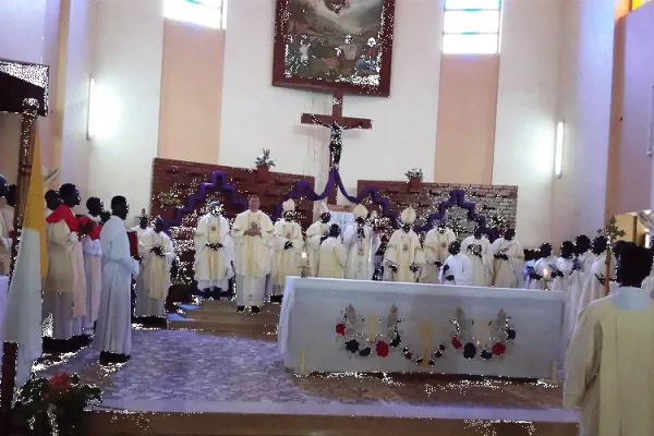 Bishops in South and South Sudan during the installation Mass of Archbishop Stephen Ameyu, Mass also attended by  the Delegate of the Congregation for the Evangelization of Peoples, Msgr. Visvaldas Kulbokas and the Charge d’Affaires of the South Sudan Apostolic Nunciature, Msgr. Mark Kadima. / ACI Africa