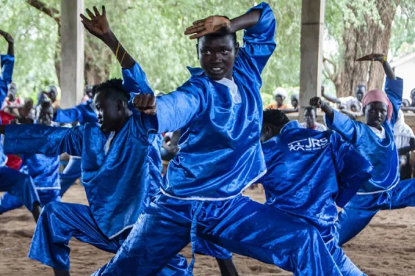 Members of the martial arts class, the Acrobats, perform at Dorocentre during celebrations for International Peace Day. Credit: Jesuits Refugee Service (JRS)