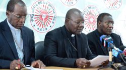 Bishop John Oballa Owaa (centre) flanked by Bishops Martin Kivuva (left) and Bishop Alfred Rotich (right) at a Press Briefing in Nairobi, Kenya.