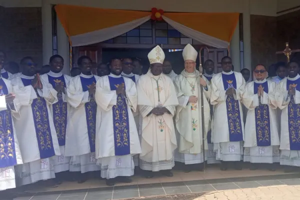 Archbishop van Megen, Bishop John Oballa Owaa of the Ngong Diocese alongside 12 members of the Mill Hill Missionary congregation who were ordained Deacons on September 24. Credit: ACI Africa