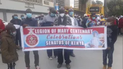 A display of Legion of Mary banner by Legionaries outside Holy Family Minor Basilica. Credit: ACI Africa