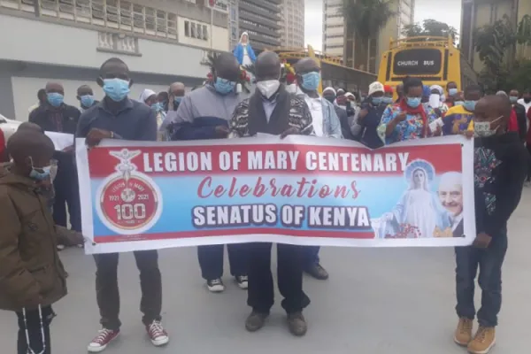 A display of Legion of Mary banner by Legionaries outside Holy Family Minor Basilica. Credit: ACI Africa