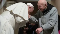 Pope Francis greets Br. Jean-Pierre Schumacher, the last survivor of Tibhirine, on 31 March 2019 in Morocco. Credit: Vatican Media