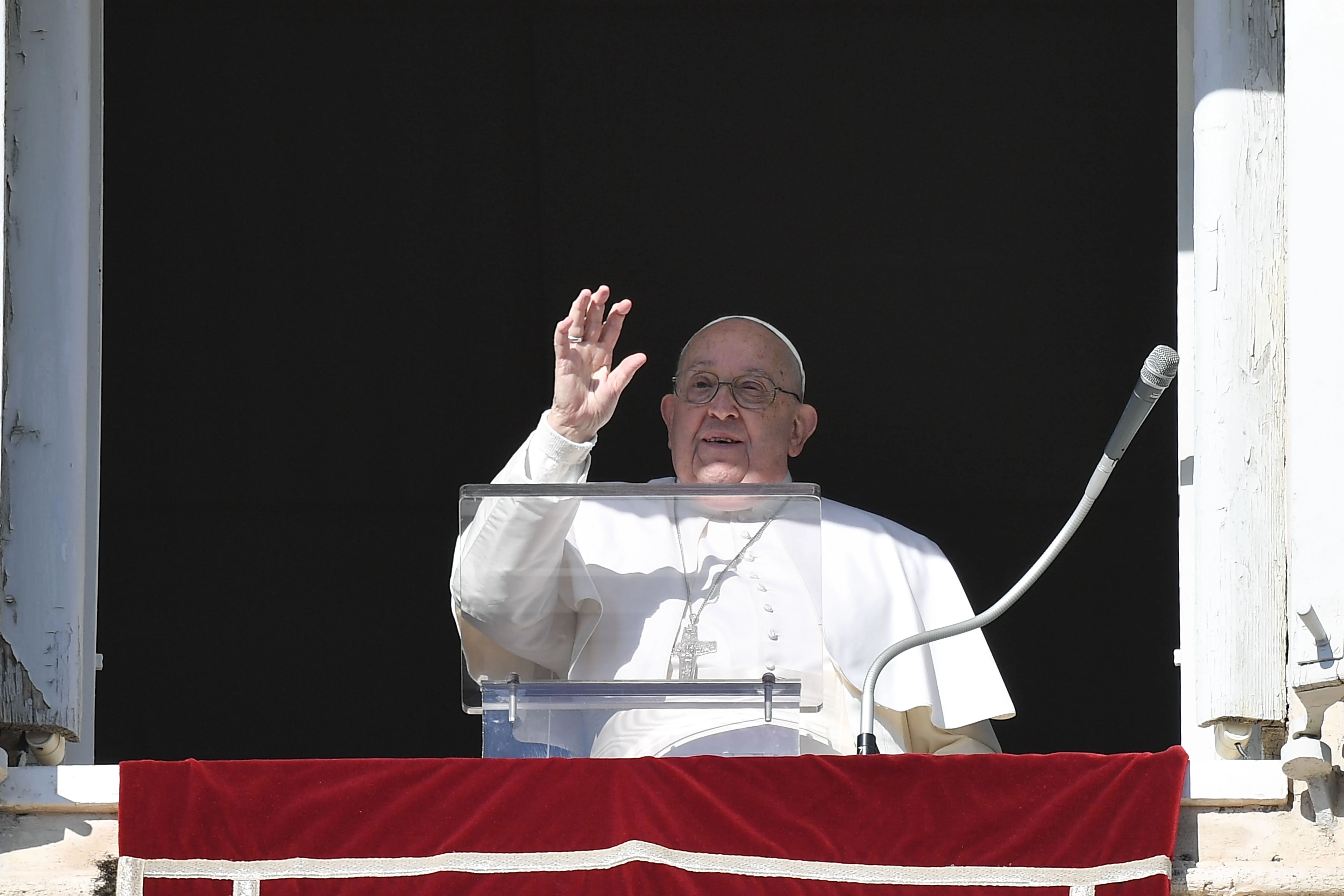 Pope Francis waves at pilgrims and visitors gathered for the Angelus on Dec. 29, 2024, in St. Peter’s Square at the Vatican. / Credit: Vatican Media