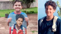 Mattheus (left) holds a photo of Carlo Acutis (right), whose prayers are attributed with the boy's healing. / Campo Grande News