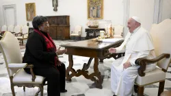 Pope Francis meets with Prime Minister of Barbados Mia Mottley on Nov. 14, 2024, at the Vatican ahead of a meeting of the Pontifical Academy for Life titled “Common Good: Theory and Practice” in which Mottley was a panelist. The academy’s meeting discussed the global financial system in light of the social doctrine of the Catholic Church and crises that have impacted the world. / Credit: Vatican Media