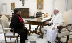 Pope Francis meets with Prime Minister of Barbados Mia Mottley on Nov. 14, 2024, at the Vatican ahead of a meeting of the Pontifical Academy for Life titled “Common Good: Theory and Practice” in which Mottley was a panelist. The academy’s meeting discussed the global financial system in light of the social doctrine of the Catholic Church and crises that have impacted the world. / Credit: Vatican Media