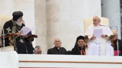 Pope Francis and the head of the Coptic Orthodox Church of Alexandria, Pope Tawadros II, led the general audience at the Vatican on May 10, 2023. | Daniel Ibanez/CNA