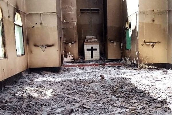 A Catholic Church destroyed by Jihadist attacks in Cabo Delgado within the Diocese of Pemba in Mozambique.