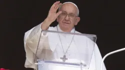 Pope Francis waves to pilgrims in St. Peter's Square during his Angelus address on Oct. 15, 2023. | Credit: Vatican Media