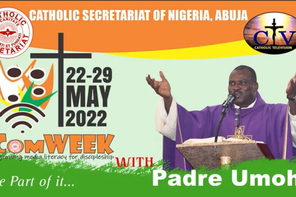 A Poster announcing Fr. Mike Umoh's  lecture on day two of Communications Week (COMWEEK). Credit: CTV Abuja