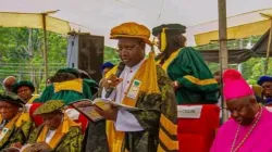 Archbishop Ignatius Ayau Kaigama giving his speech at the 11th Convocation Ceremony of Godfrey Okoye University on Saturday, 18 November 2023. Credit: Abuja Archdiocese.