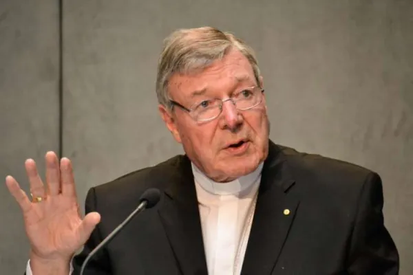 Cardinal George Pell of Sydney speaks during a press conference at the Vatican Press Office on July 9, 2014. Credit Daniel Ibáñez/CNA.