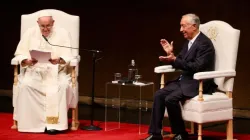 Pope Francis meets with Portugal President Marcelo Rebelo de Sousa at the Belém Cultural Center in Lisbon upon his arrival for World Youth Day on Aug. 2, 2023. | Credit: Daniel Ibañez/CNA