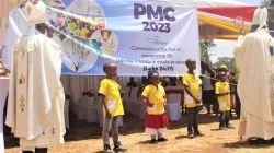 Archbishop Philip Anyolo of Nairobi Archdiocese (right) and John Cardinal Njue (Left) during the launch of PMC theme of 2023 on Saturday, February 18 at St. Mary's ground. Credit: ACI Africa.