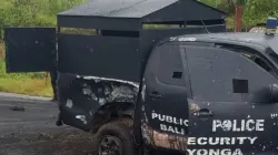 A police van destroyed in clashes between security forces and separatists fighters in Bali Nyonga, North Western region of Cameroon. Credit: Courtesy Photo.